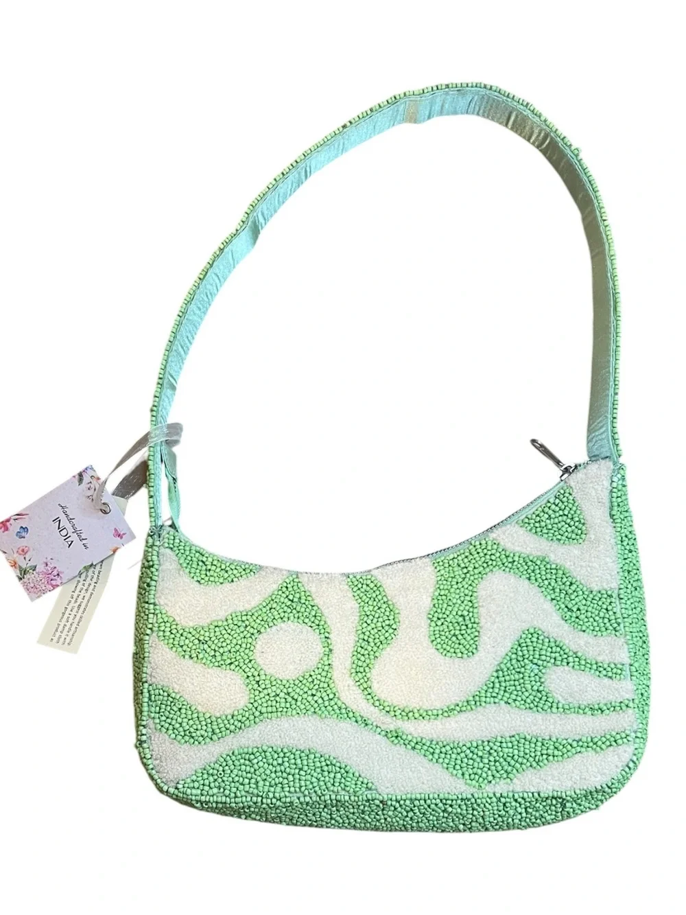 India Handcrafted Lime Green Beaded Shoulder Bag Abstract Swirl